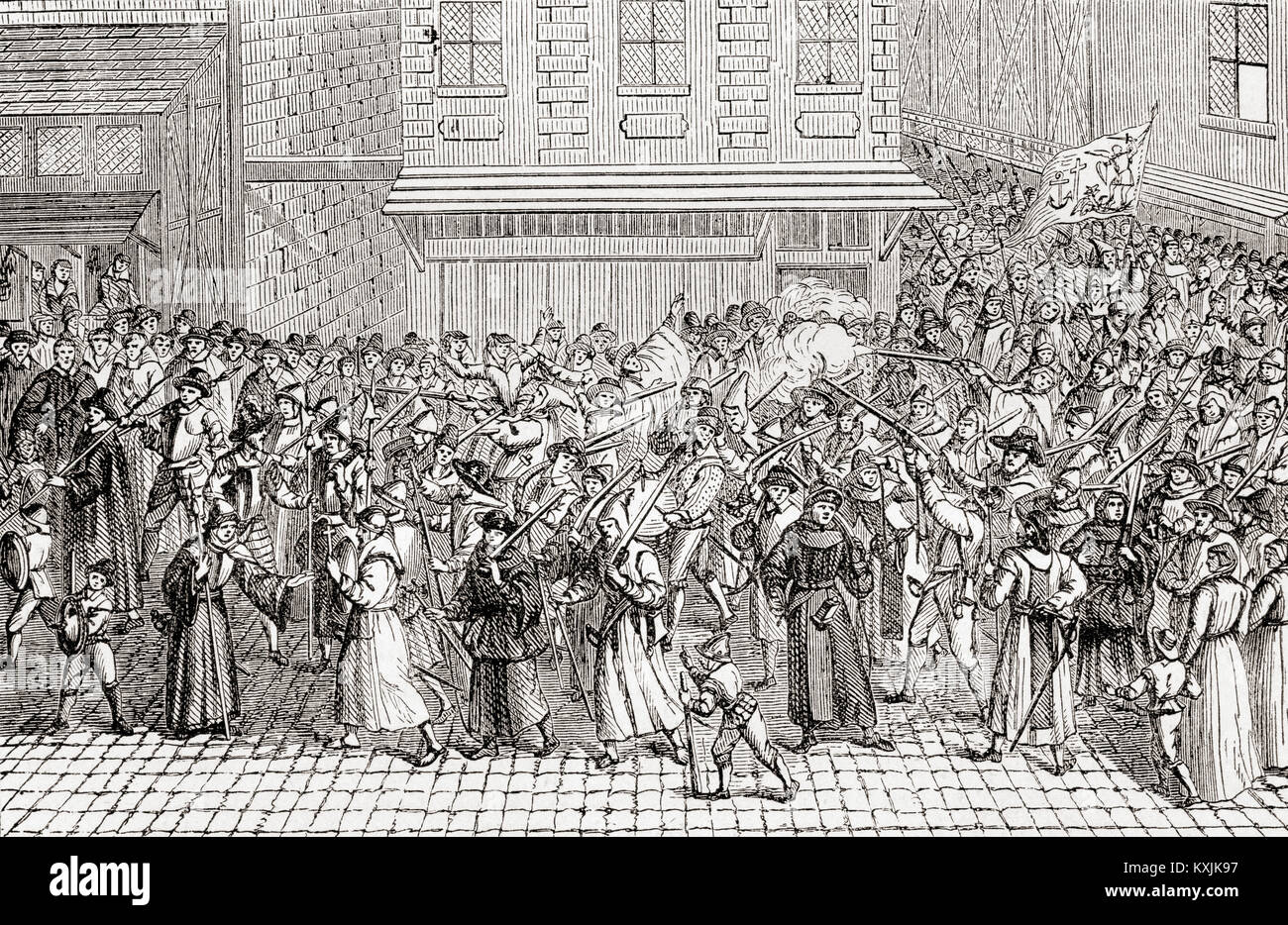 An armed procession of  The Catholic League of France aka Holy League.  Formed by Henry I, Duke of Guise in 1576, the League intended the eradication of Protestants out of Catholic France during the Protestant Reformation, as well as the replacement of King Henry III.  From Ward and Lock's Illustrated History of the World, published c.1882. Stock Photo