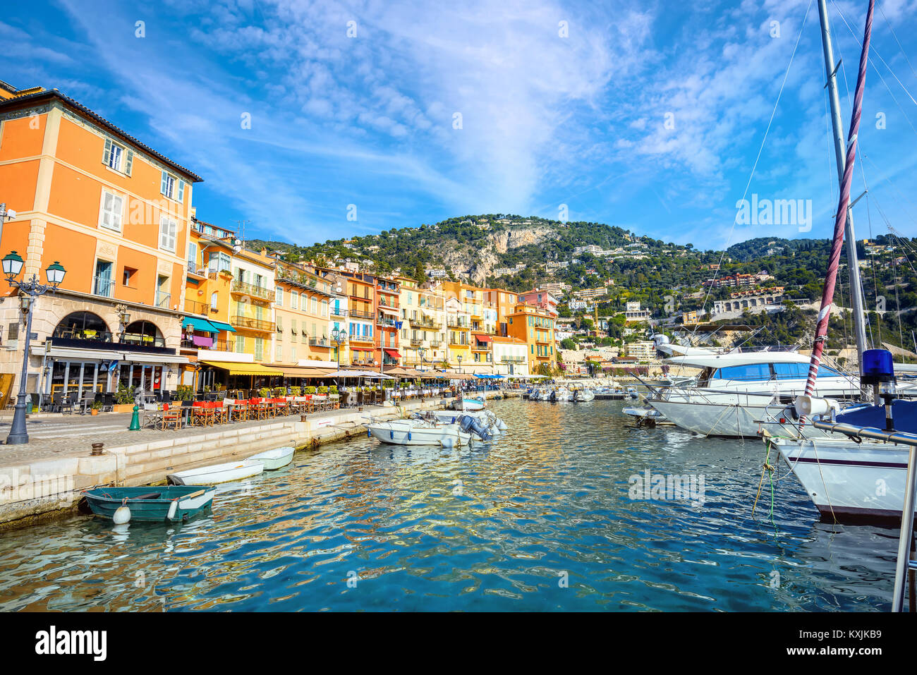 View of colorful houses on seafront in village of Villefranche-sur-Mer. Cote d'Azur, France Stock Photo