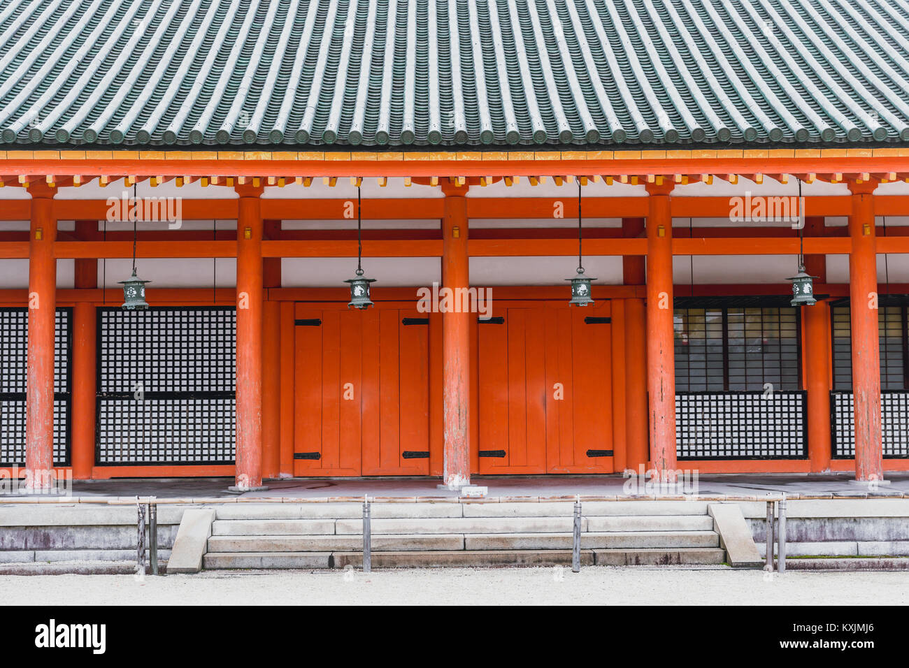front entrance door of japan red shrine wood old building Stock Photo