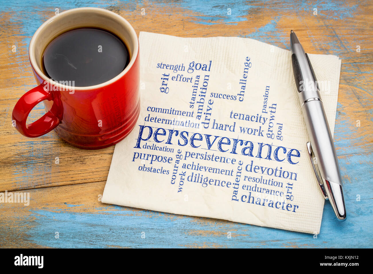 perseverance word cloud  - handwriting on a napkin with a cup of coffee Stock Photo