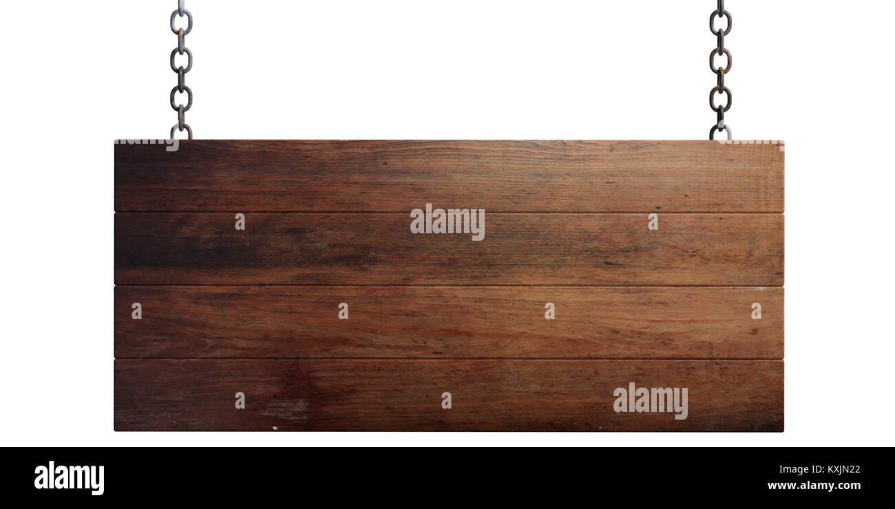 Wooden blank signboard hanging with chains, isolated on white ...