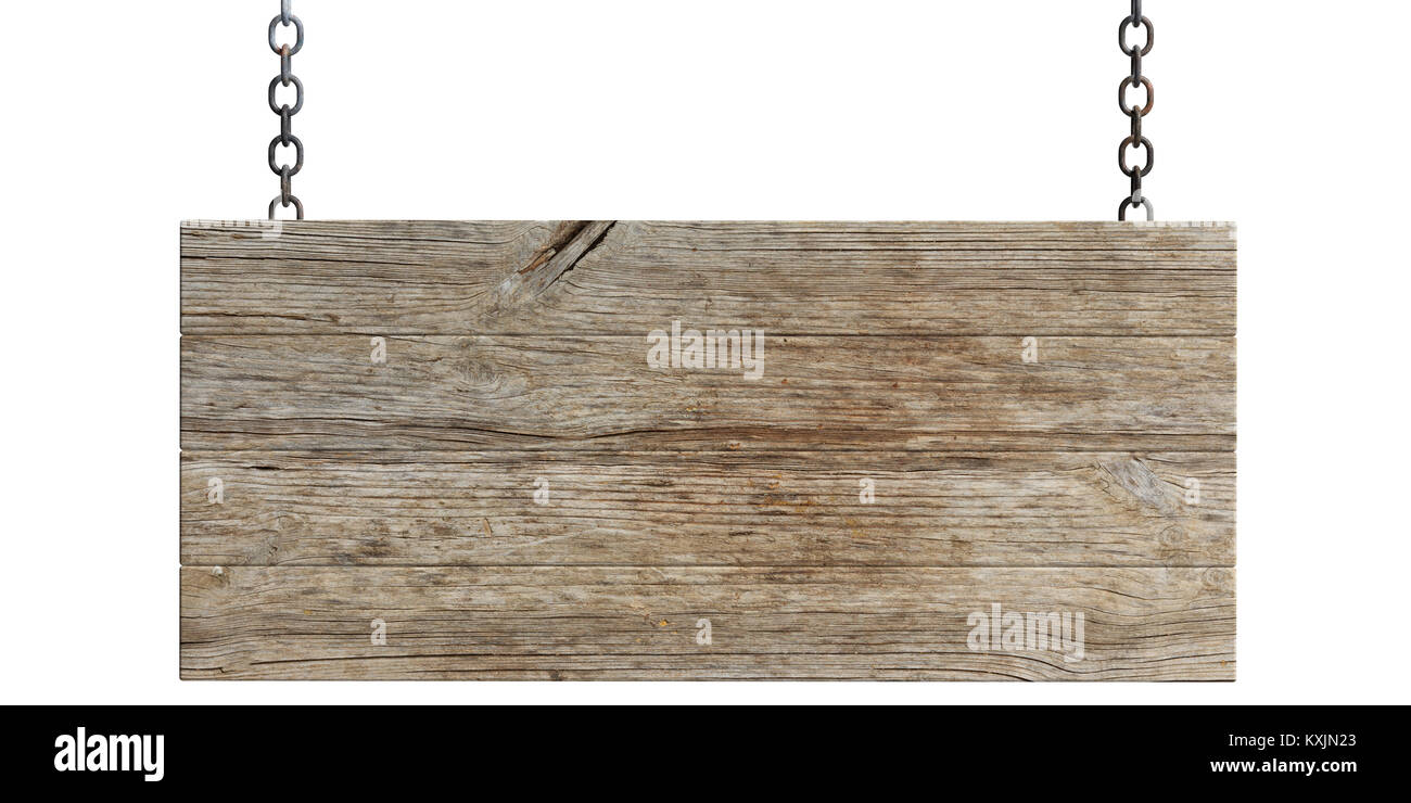 Wooden blank signboard hanging with chains, isolated on white ...