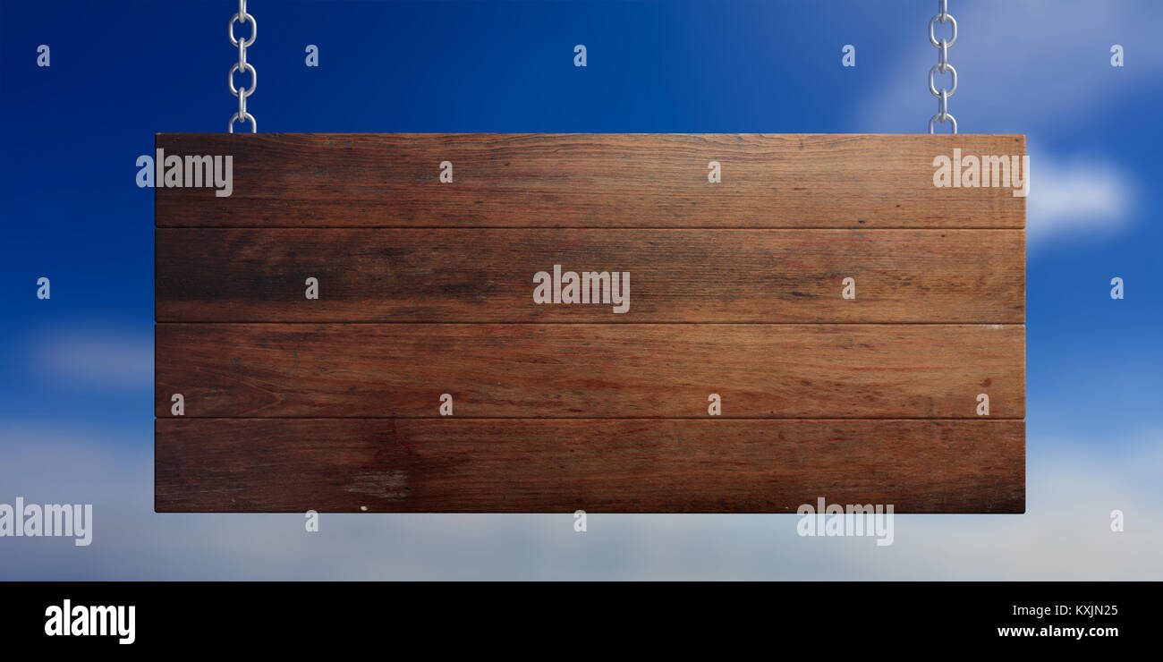 Wooden blank signboard hanging with chains, isolated on blue sky ...