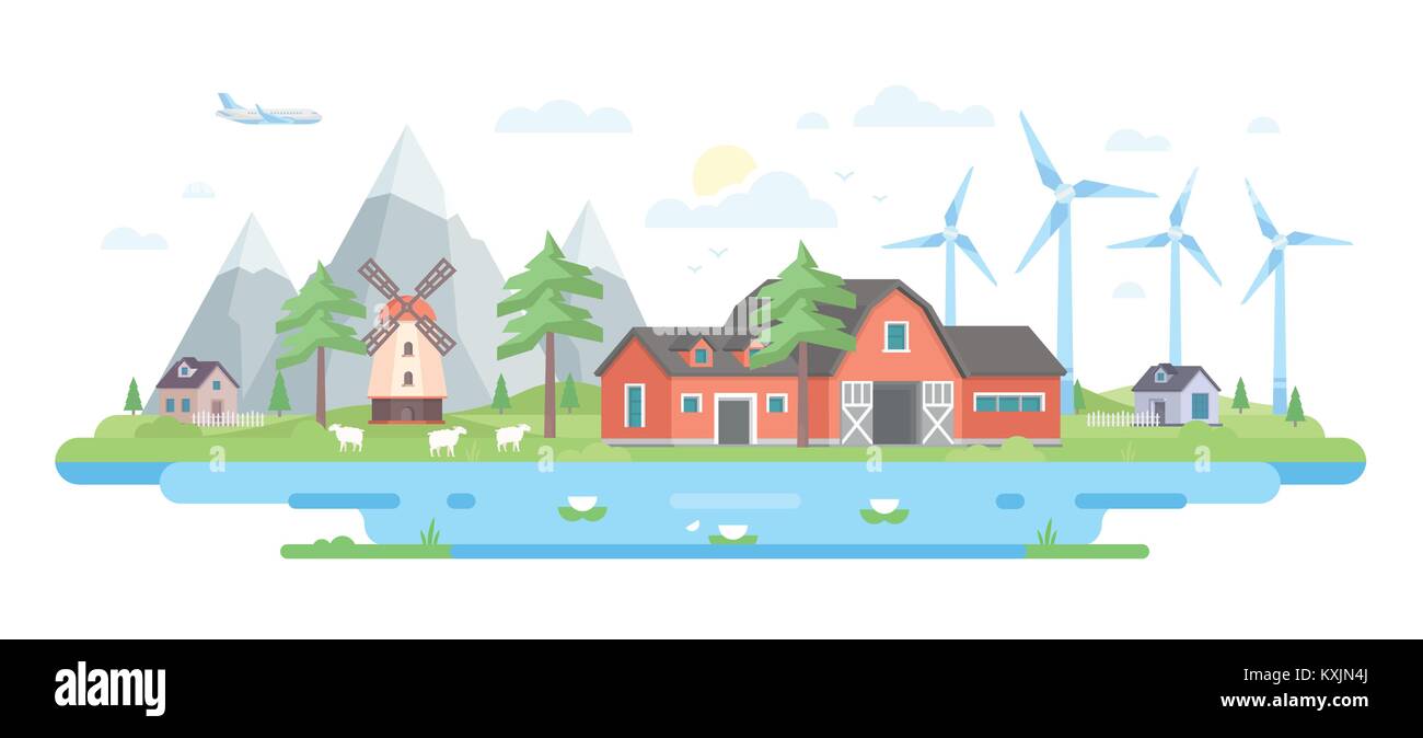 Farm by the mountains - modern flat design style vector illustration ...