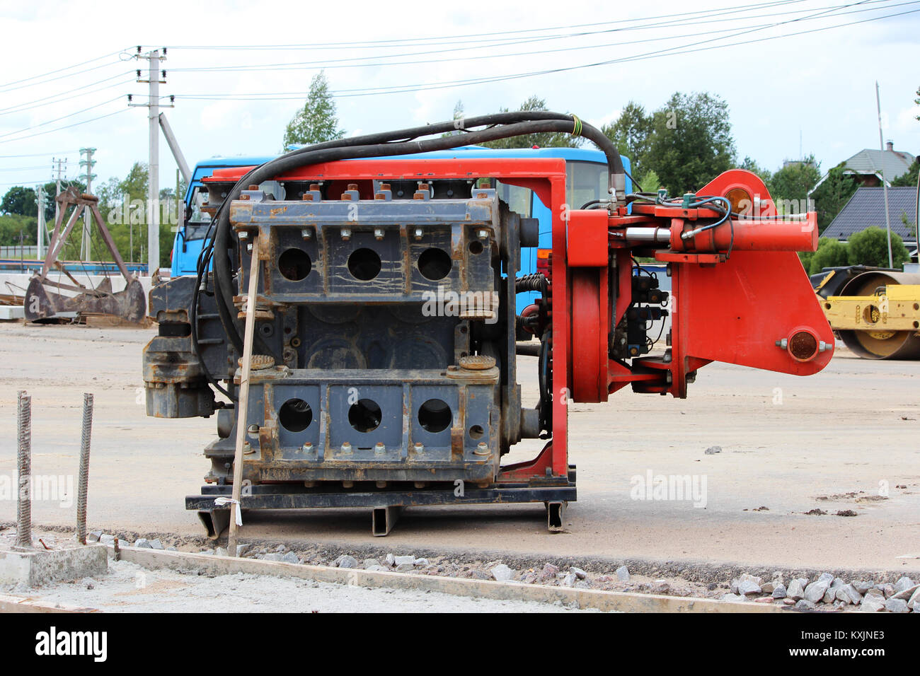 Vibrator pile driving Machine or vibro hammer stands on the site of construction of a major road junction. Russia Stock Photo