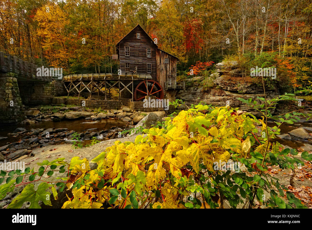 Iconic Babcock Grist Mill surrounded by vivid autumn colors. West Virginia Stock Photo