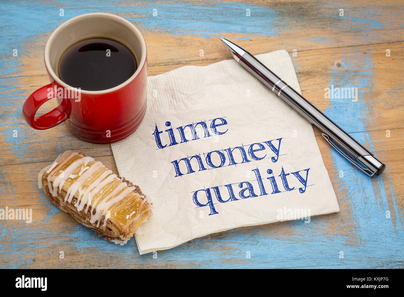 time, money and quality management concept - handwriting on a napkin with a cup of coffee Stock Photo