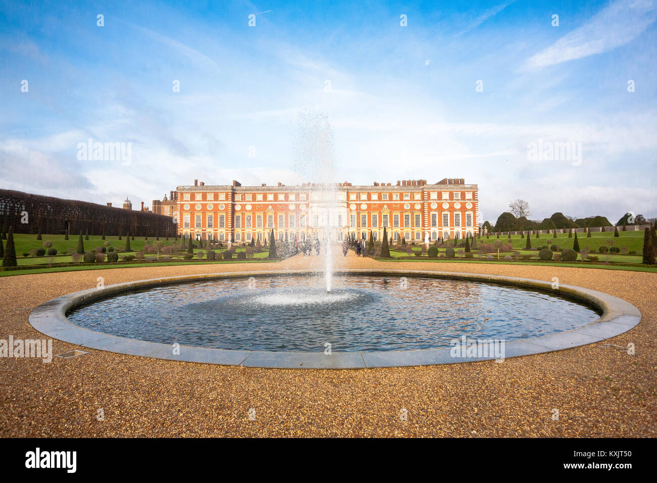 Hampton Court Palace is a royal palace in the borough of Richmond, London. It has two contrasting architectural styles, domestic Tudor and Baroque. Stock Photo