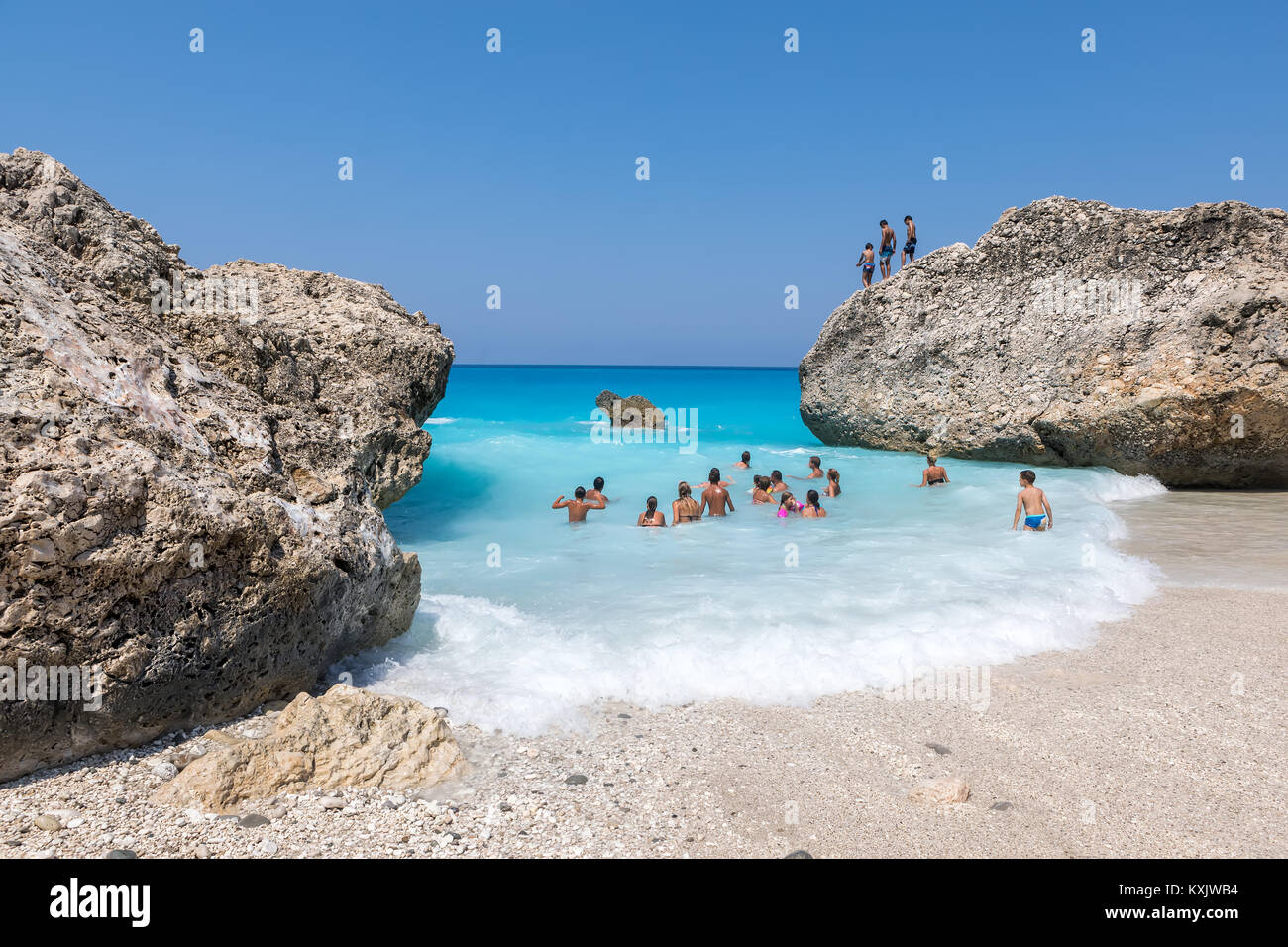 Kavalikefta Lefkada, Greece - July 15, 2017: People swim in the sea at the Kavalikefta Beach in Lefkada Island, Greece Stock Photo