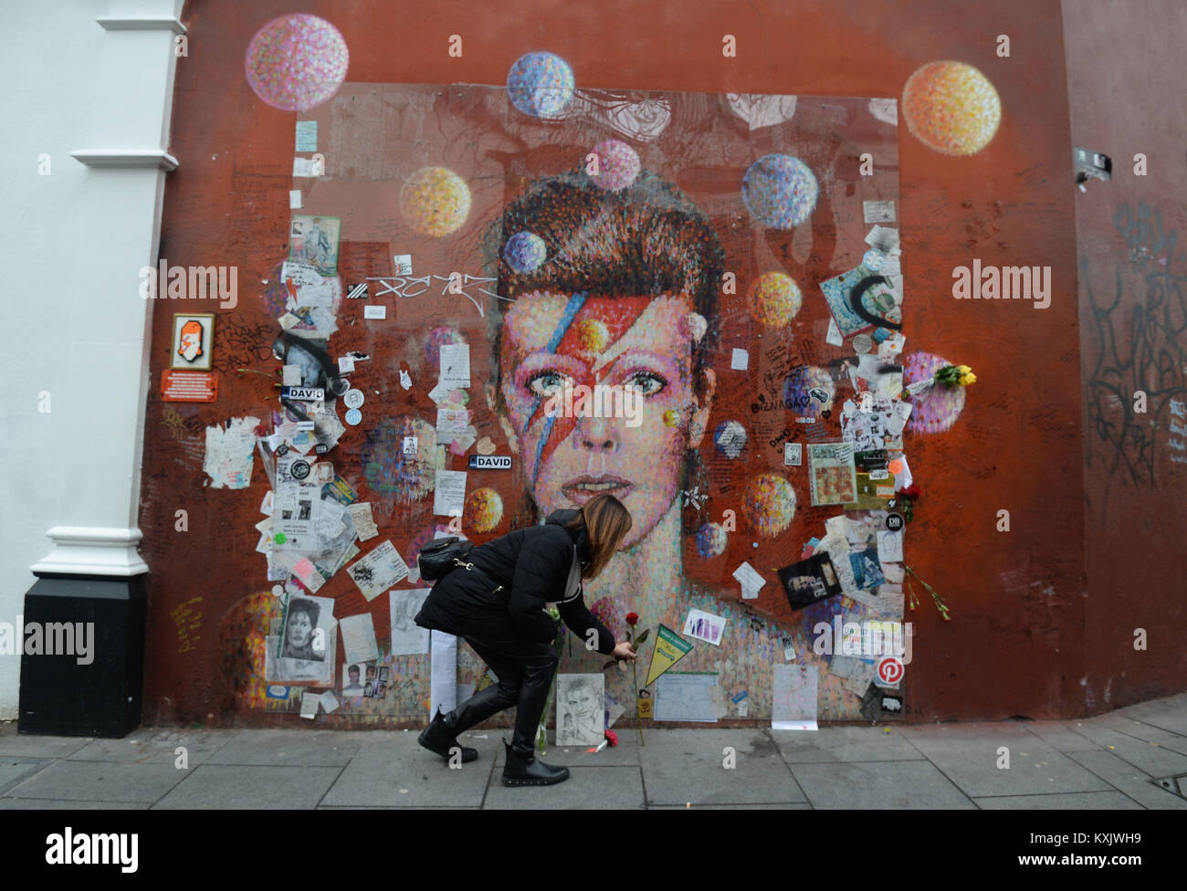A woman lays a rose at a mural of David Bowie in Brixton, London on the second anniversary of his death. Stock Photo
