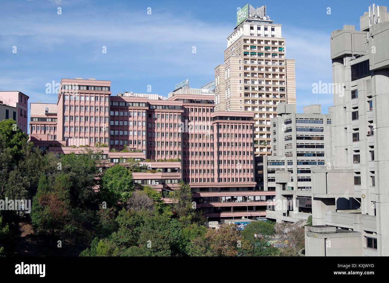 View from Via E Ravasco of new offices developments towering over the Giardini (Garden) Baltimora, in Genoa, Italy. Stock Photo