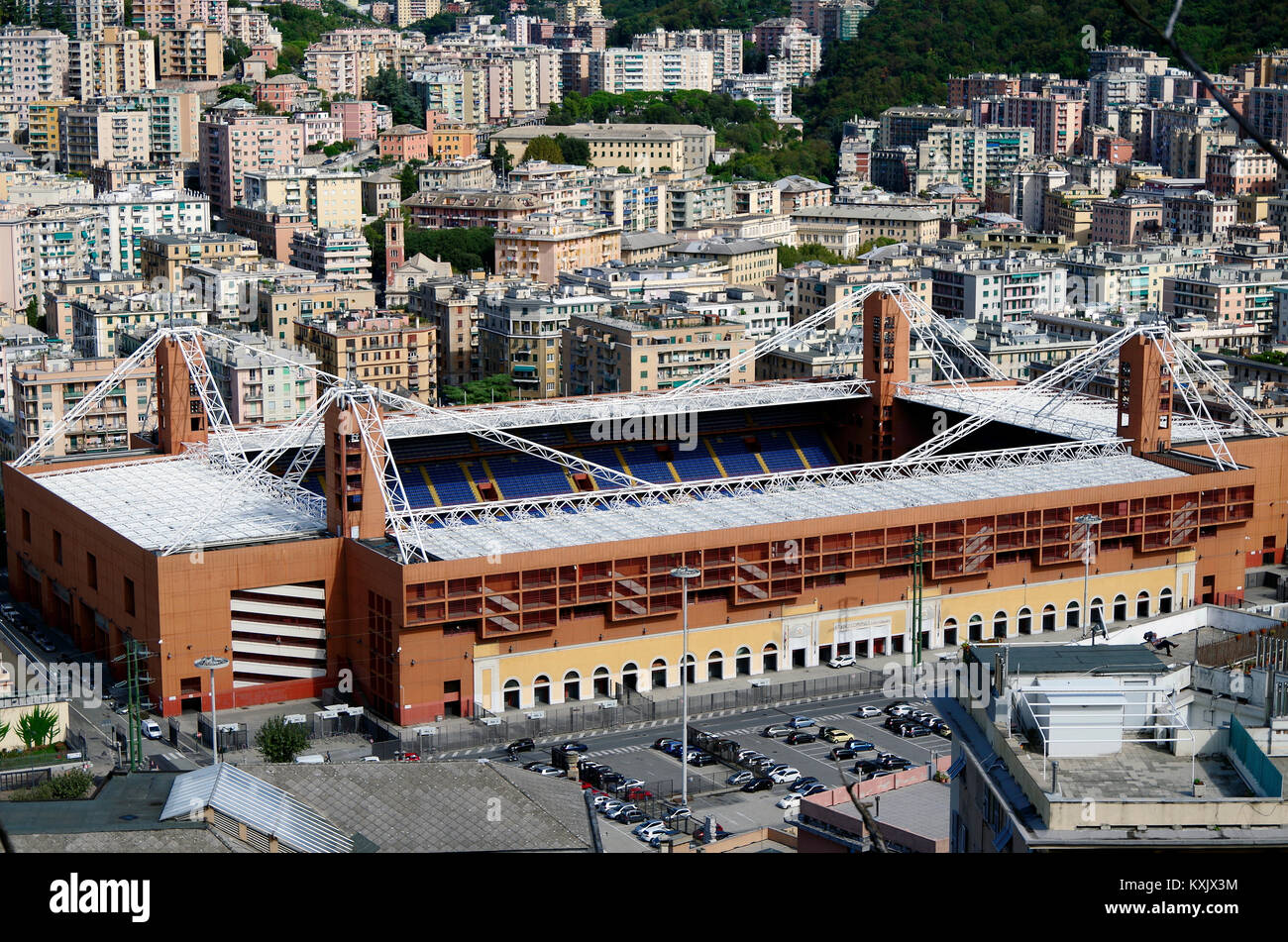 Municipal Stadium Luigi Ferraris, Genoa, Italy, the oldest stadium in Italy still in use, viewed from the Mura di San Bartolomeo Stock Photo