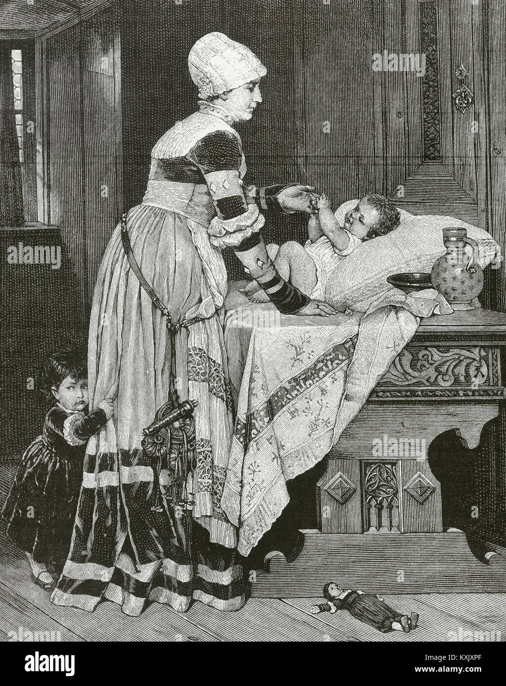 The heir of the blazons. Engraving. Almanaque de La Ilustración, 1887. Stock Photo
