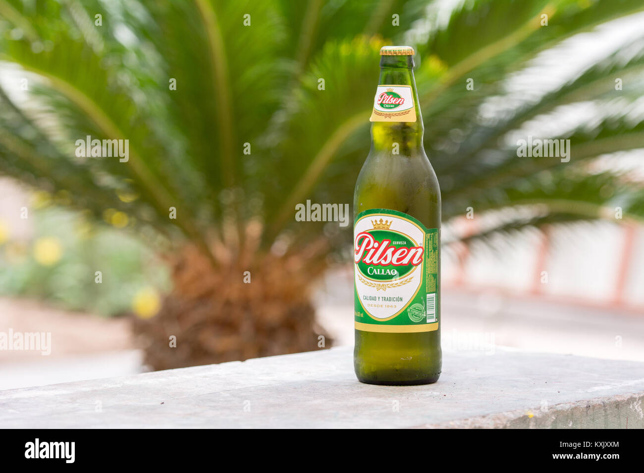 630ml bottle of Pilsen Callao lager - one of the most popular beers in Peru Stock Photo
