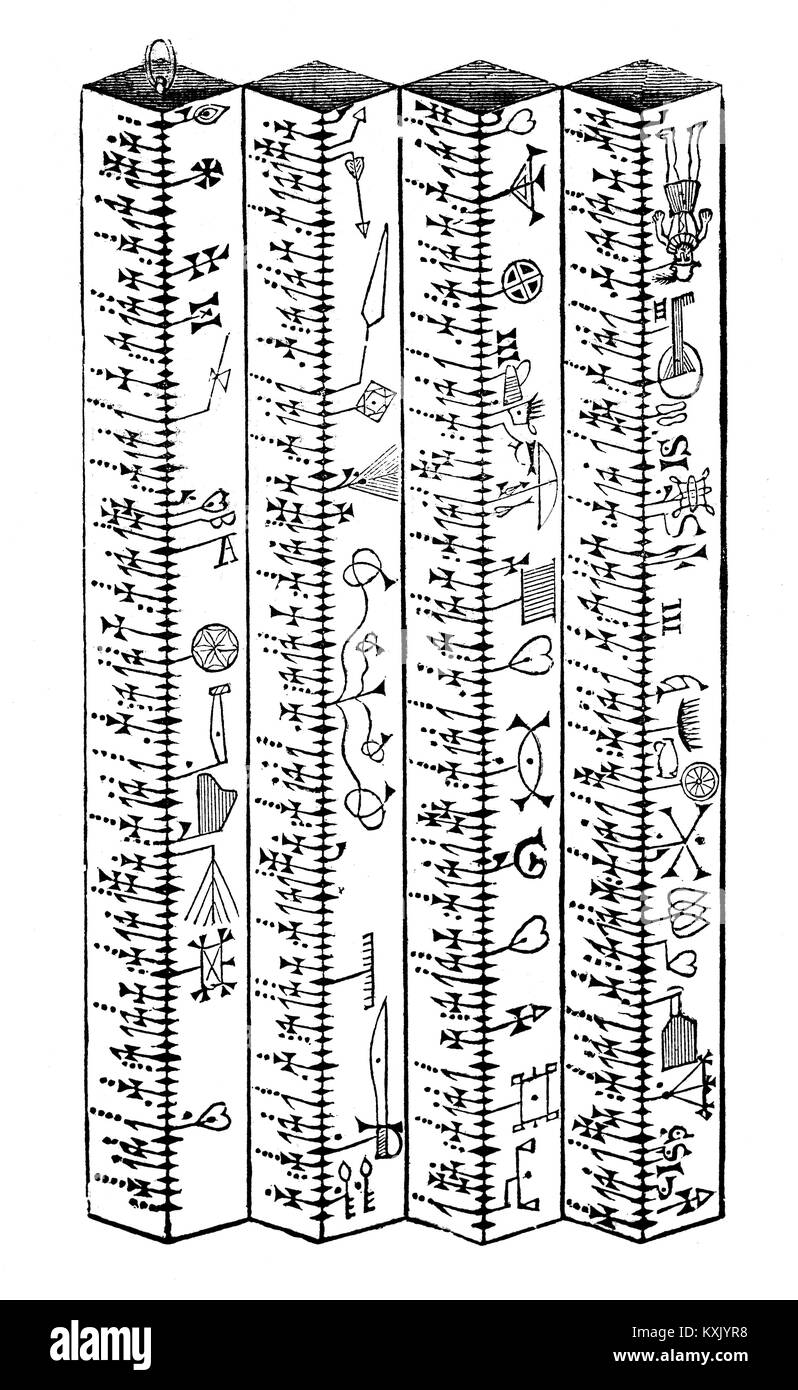 The Clog Almanac came to England with the Vikings. They brought the practice of making almanacs or calendars carved on blocks of wood and for centuries unlettered people used these to keep track of the agricultural seasons and of the Christian seasons and festivals. Stock Photo