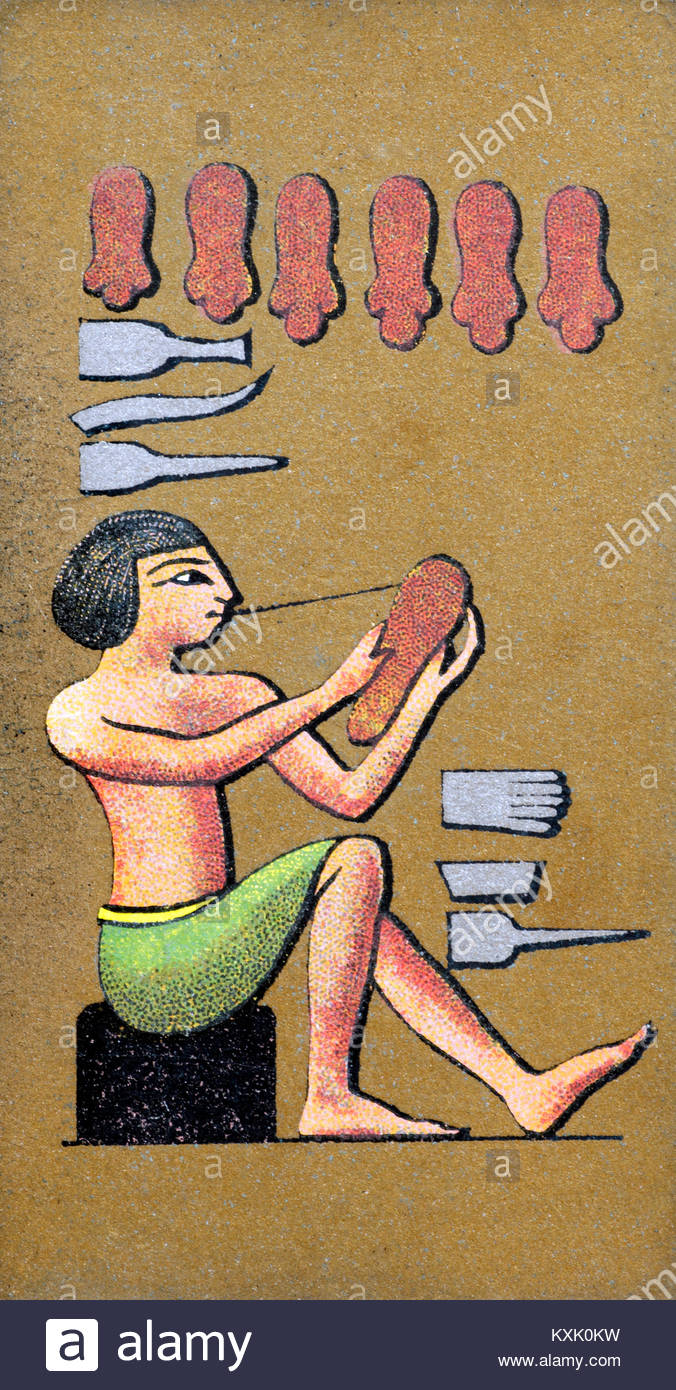 Depiction of an ancient Egyptian tanning and working with leather Stock