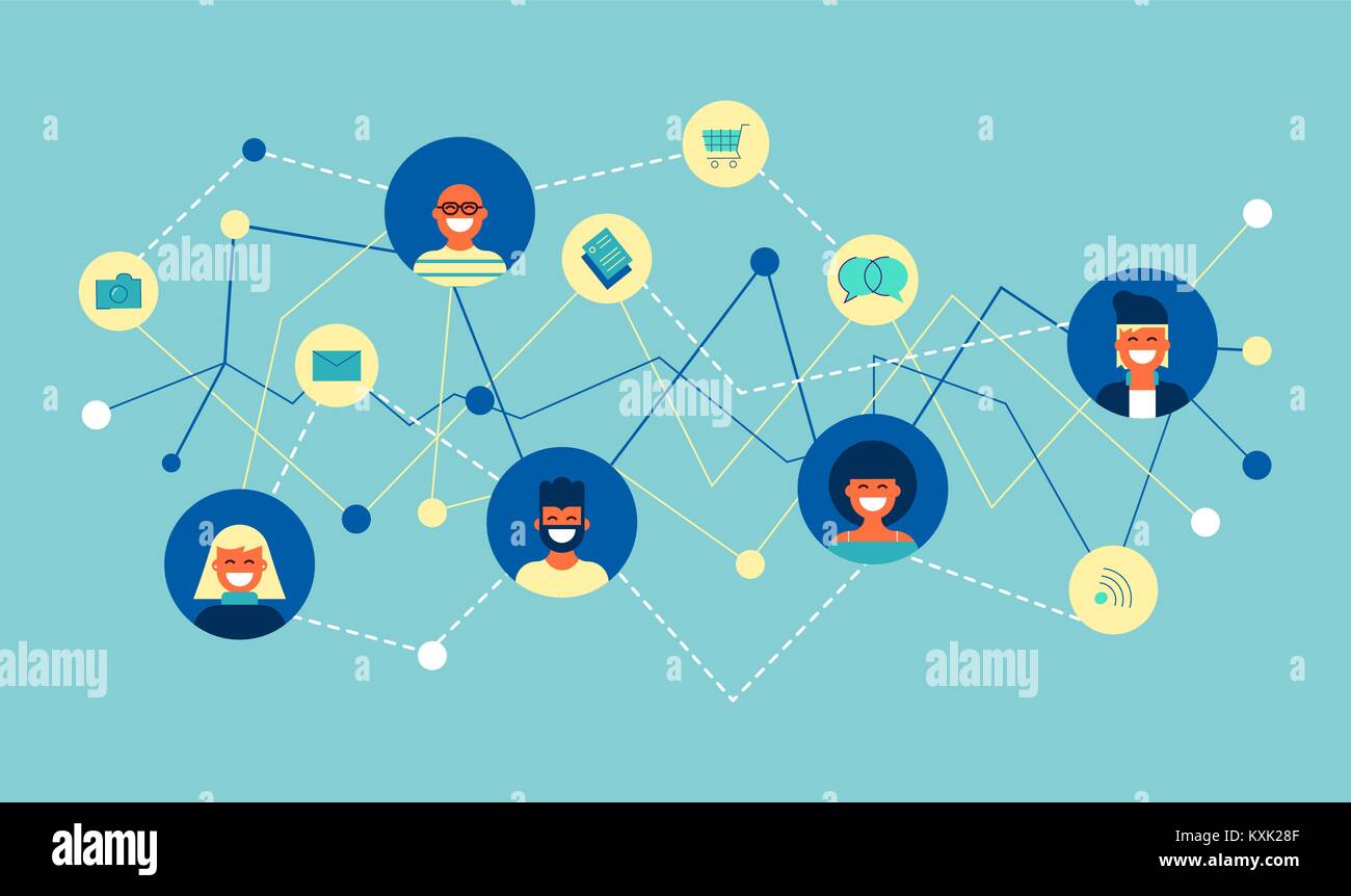 Social network connection concept illustration. Team of diverse people online doing internet activity connected to each other. EPS10 vector. Stock Vector