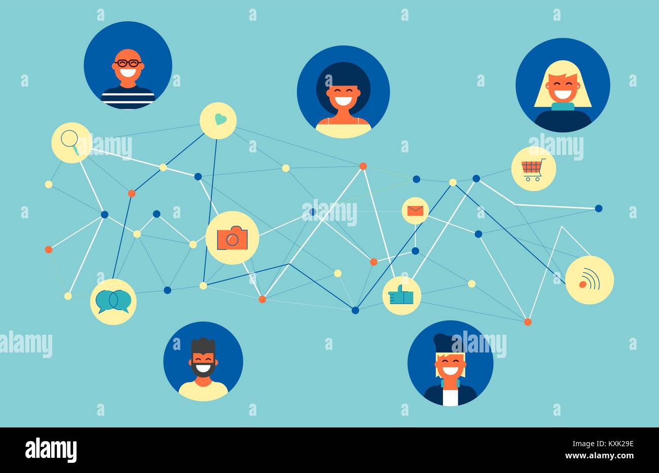 Social network concept illustration, group of multicultural people connected online to internet activities. Includes chat, mail, camera and messaging  Stock Vector