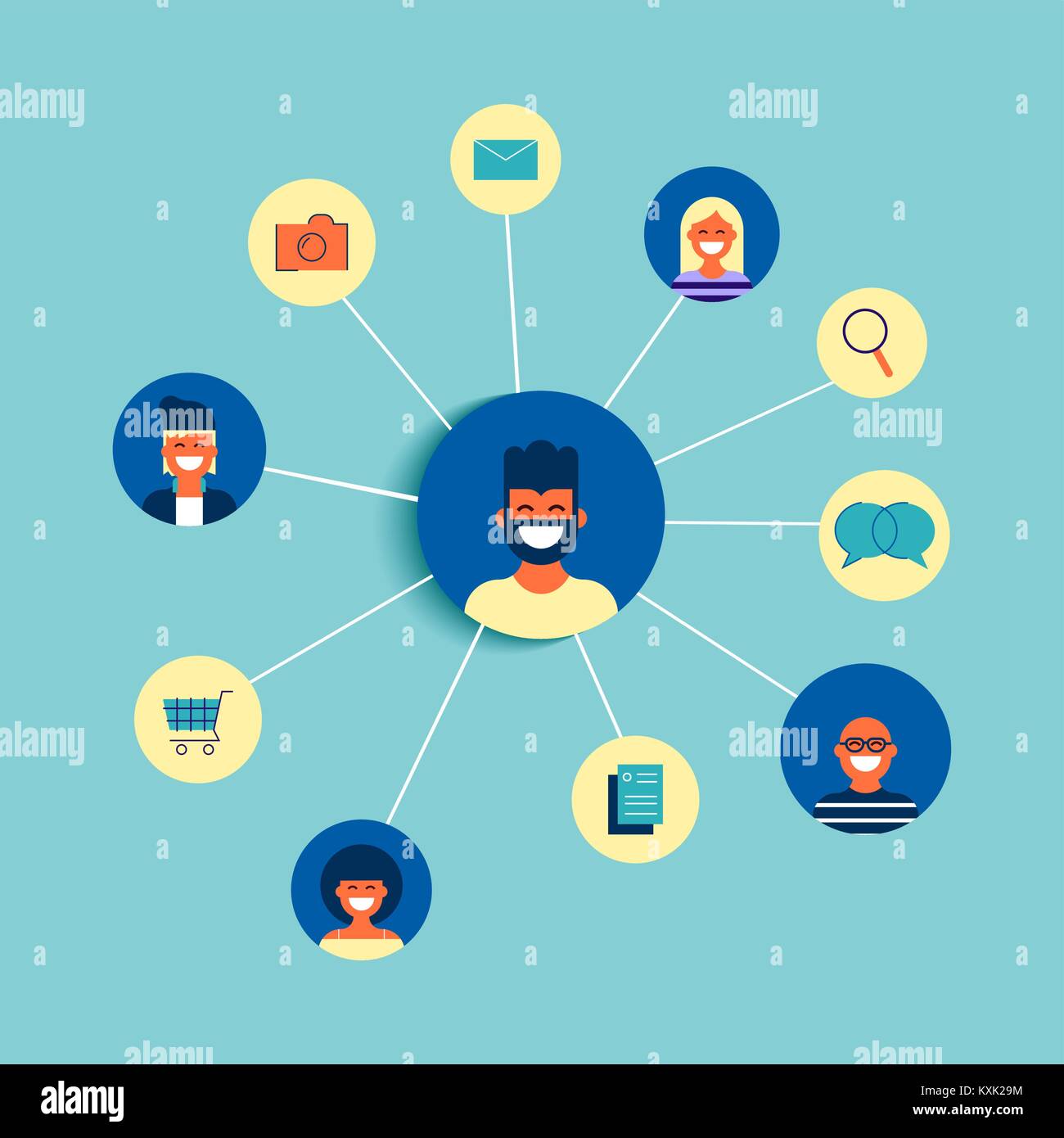 Social network connection concept illustration. Team of diverse people online doing internet activity connected to each other. EPS10 vector. Stock Vector
