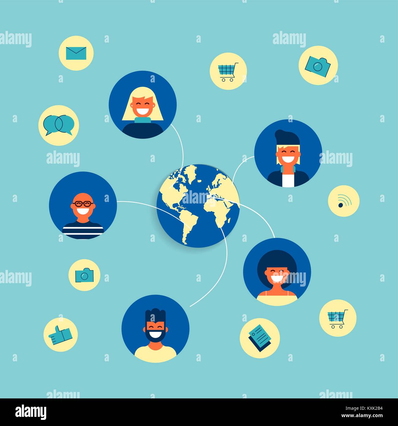 Social network world connection concept illustration. Team of diverse