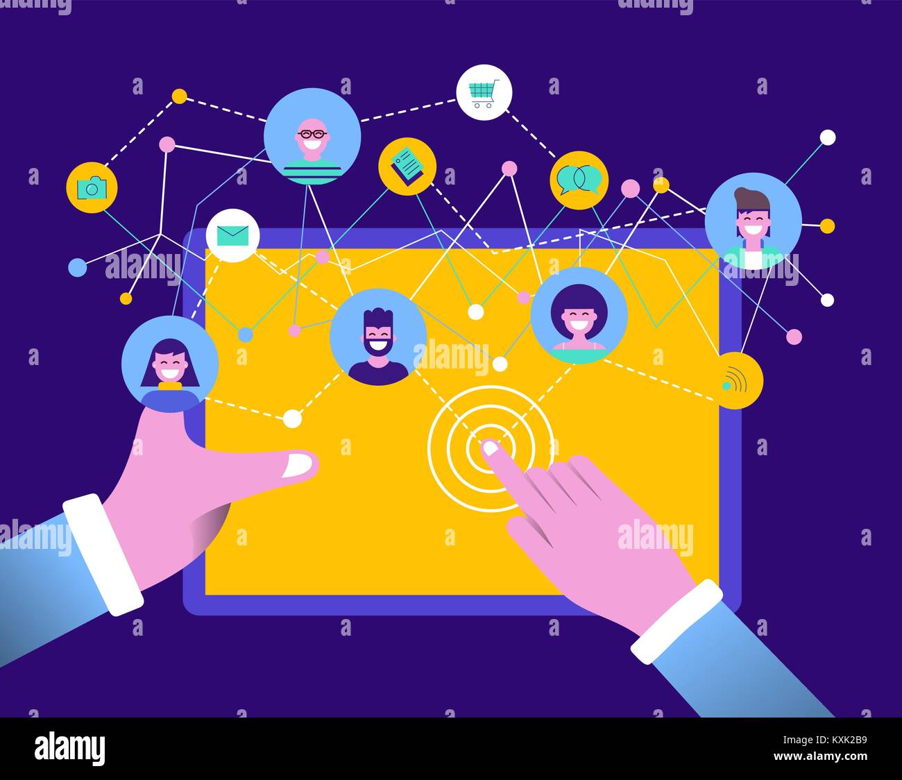 Man holding tablet connected to online social media network activities and people team. Includes shopping, photo, mail, message icon. EPS10 vector. Stock Vector