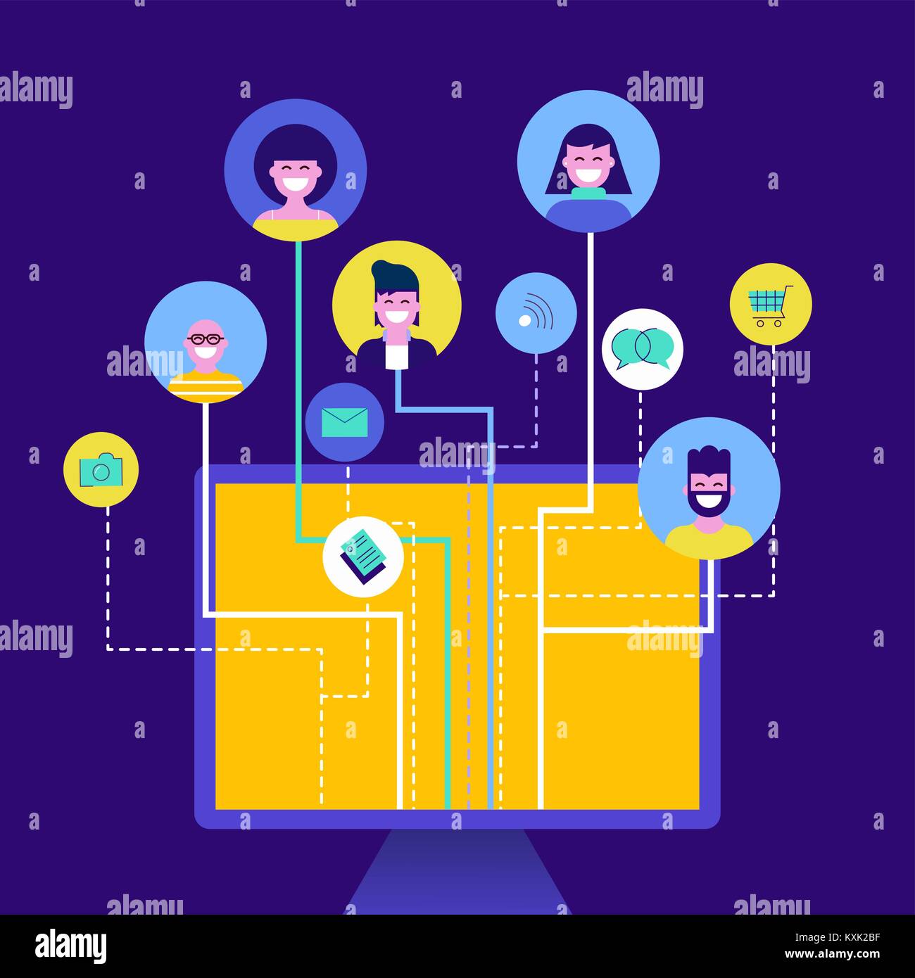 Computer connected to online social media network activities and people team. Includes shopping, photo, mail, message icon. EPS10 vector. Stock Vector