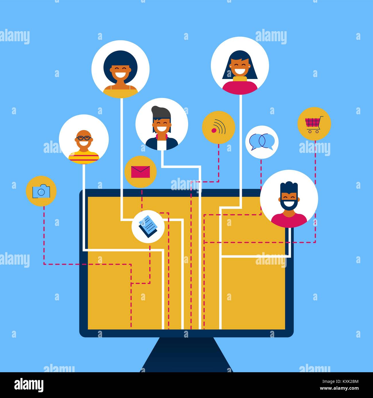 Computer connected on social media network with people group and online internet activities. Includes mail message, photo, gps icon. EPS10 vector. Stock Vector
