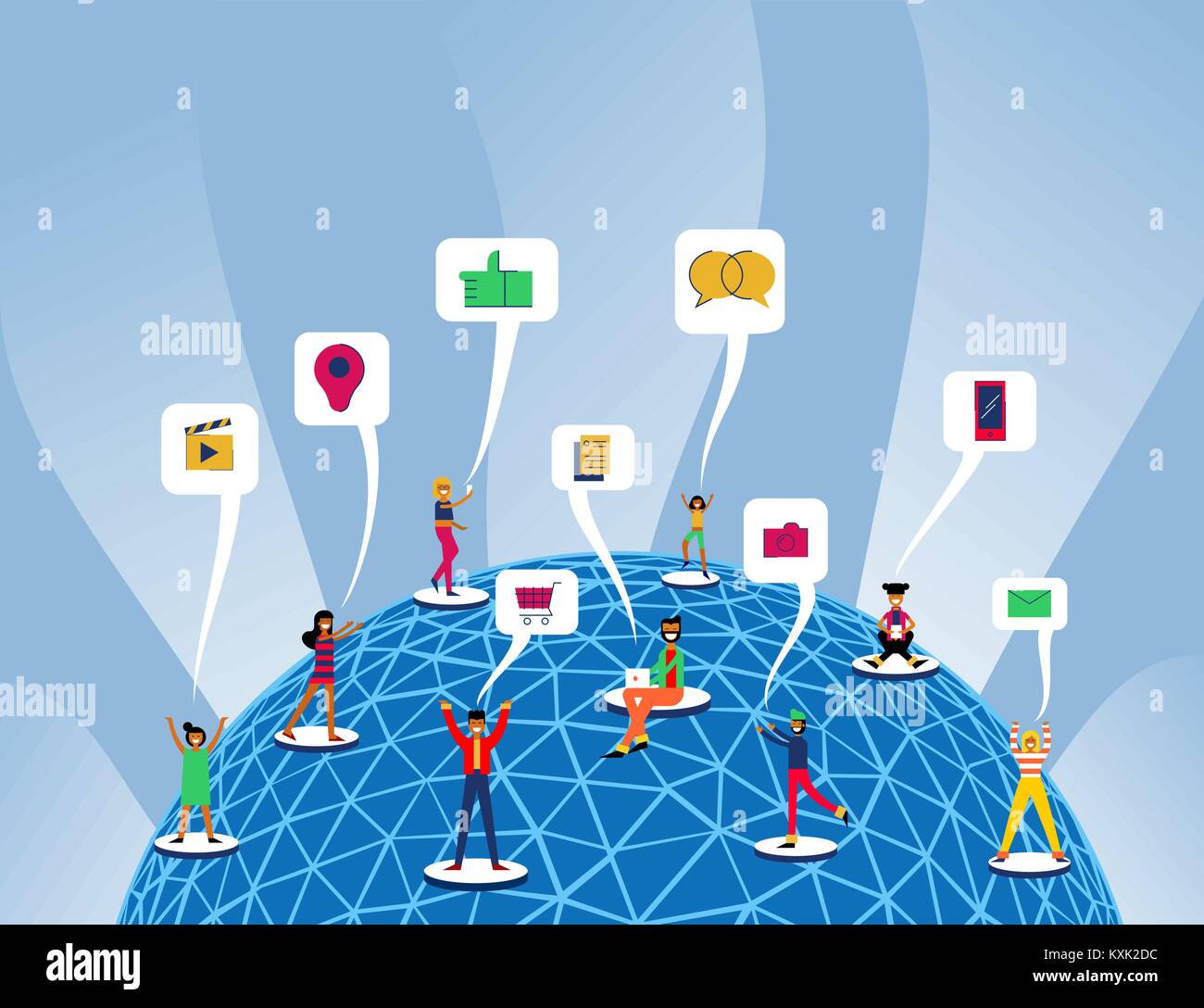 People connected to social media network around the world, worldwide internet access concept illustration in modern flat art style. Includes like, pho Stock Vector