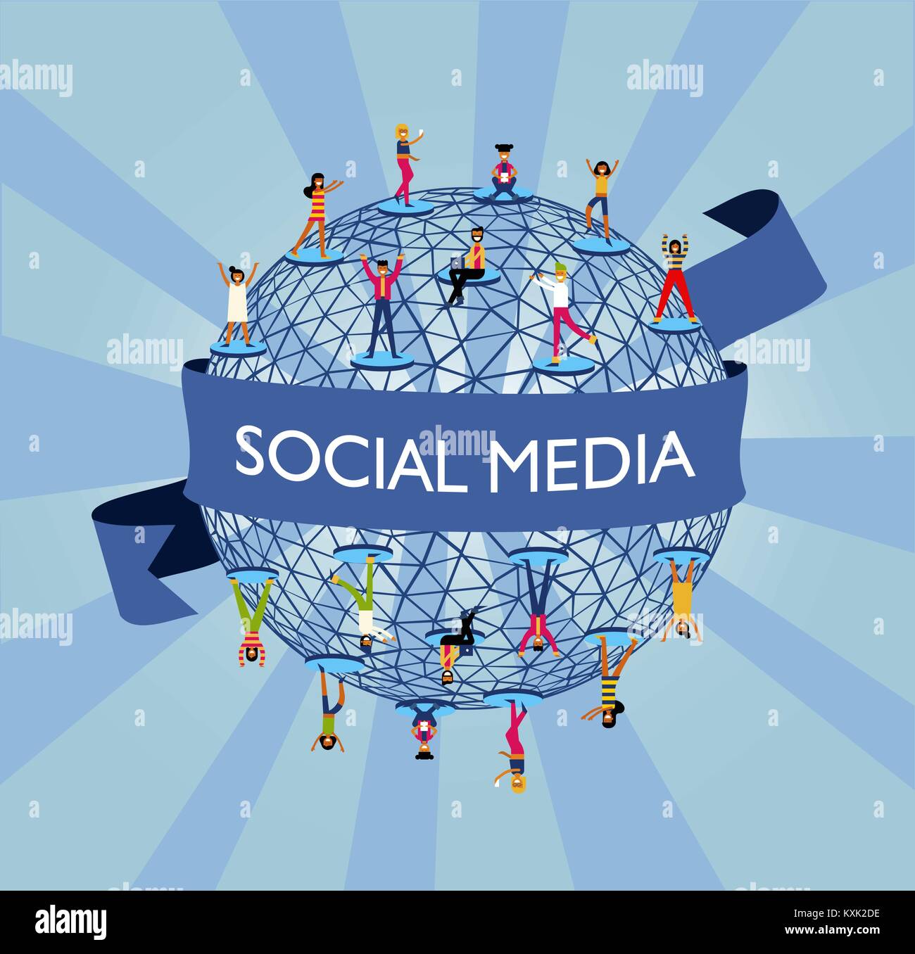 Social media world concept illustration, people around the globe connected online to internet network. EPS10 vector. Stock Vector