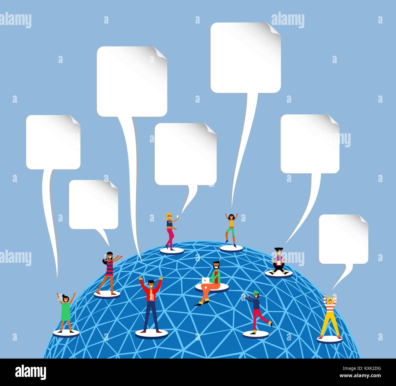 People connected to social media network around the world, worldwide internet access concept illustration in modern flat art style. Includes empty pap Stock Vector