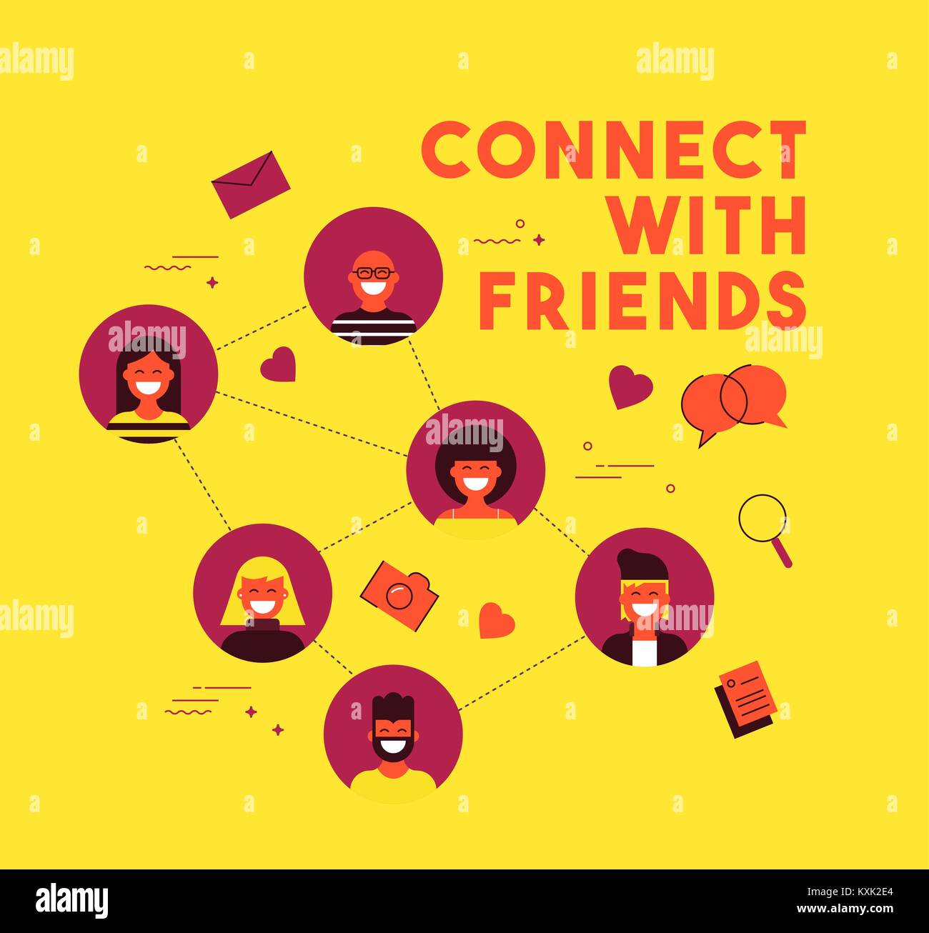 Connect with friends concept illustration in flat style. People group connected on social media network doing online internet activities. EPS10 vector Stock Vector