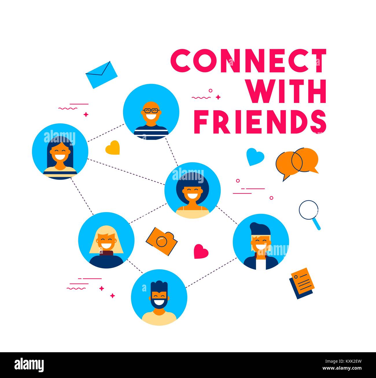 Connect with friends concept illustration in flat style. People group connected on social media network doing online internet activities. EPS10 vector Stock Vector