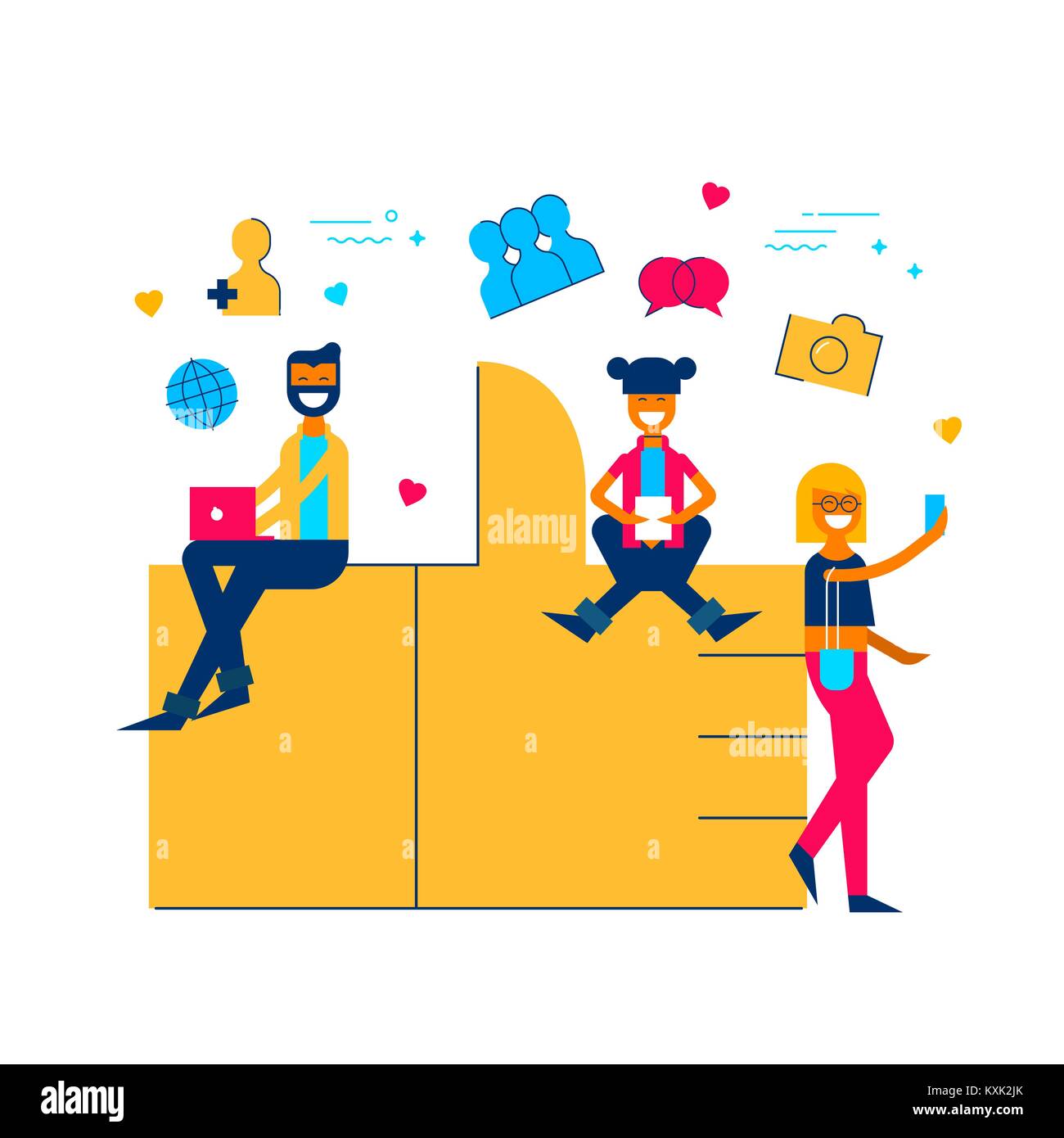 Thumbs up concept illustration in modern flat style, people sitting on like icon connected to social media network. EPS10 vector. Stock Vector