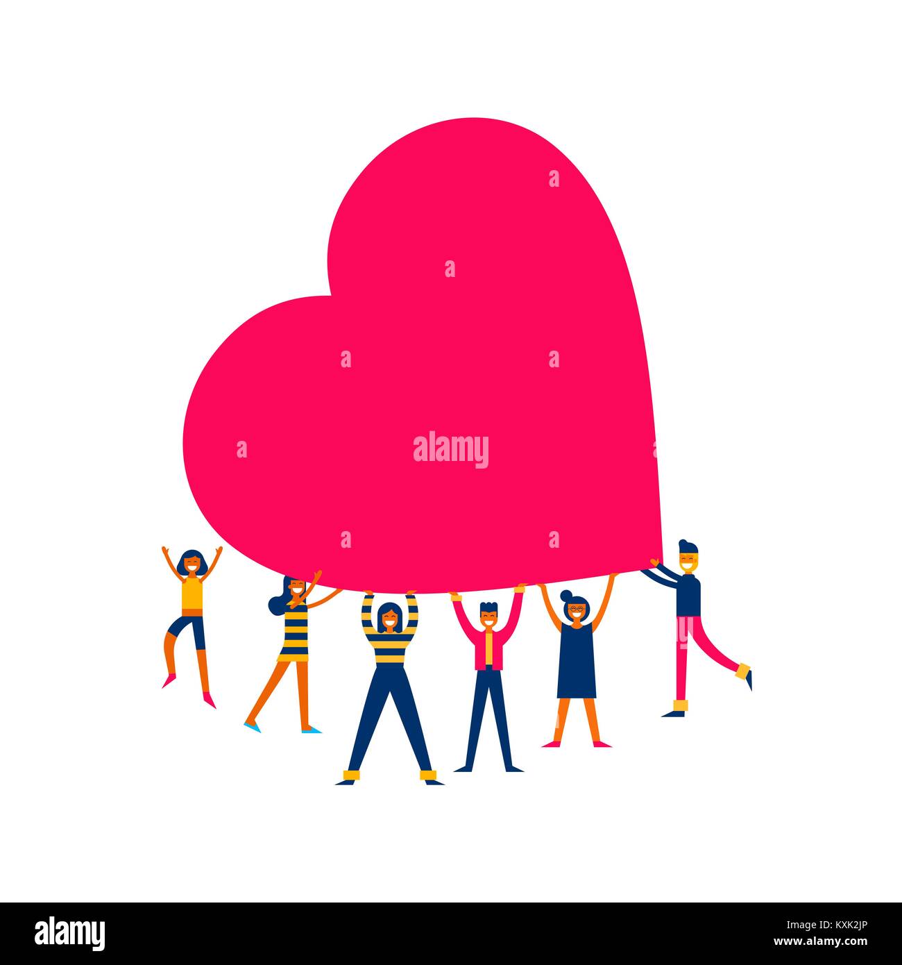 Group of people holding giant heart, love makes the change concept illustration in modern flat art style. Ideal for charity project, donation or valen Stock Vector
