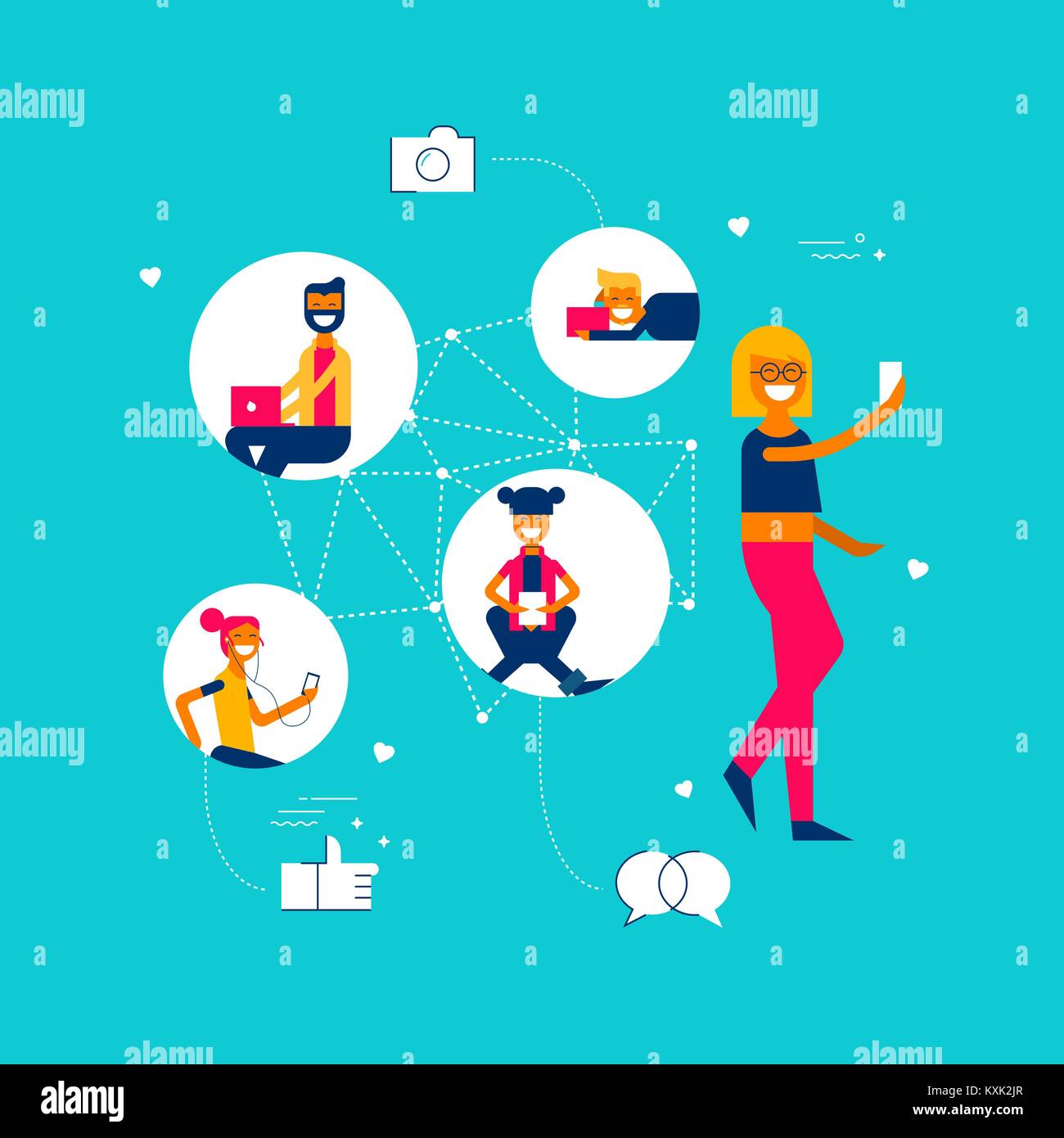 Girl on social media network app connected to diverse people group, internet influence concept illustration in modern flat art style with symbols and  Stock Vector