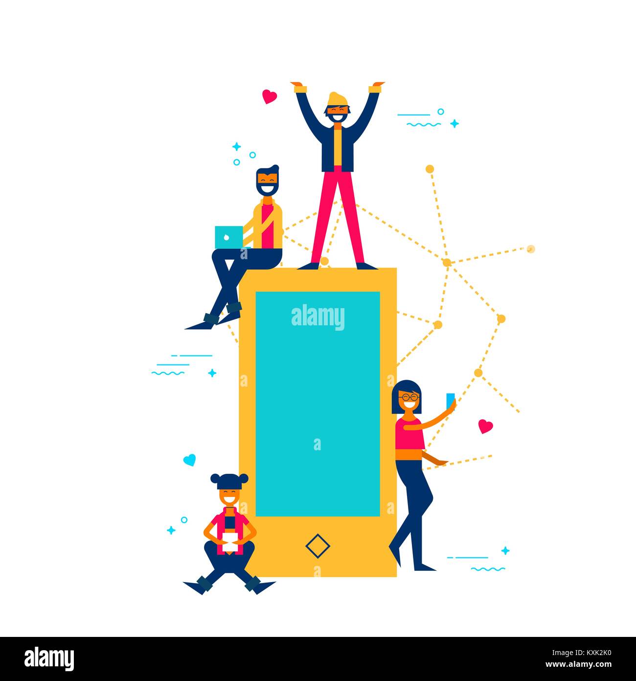 Internet phone connection concept illustration, group of young people using social media to connect together on mobile. EPS10 vector. Stock Vector