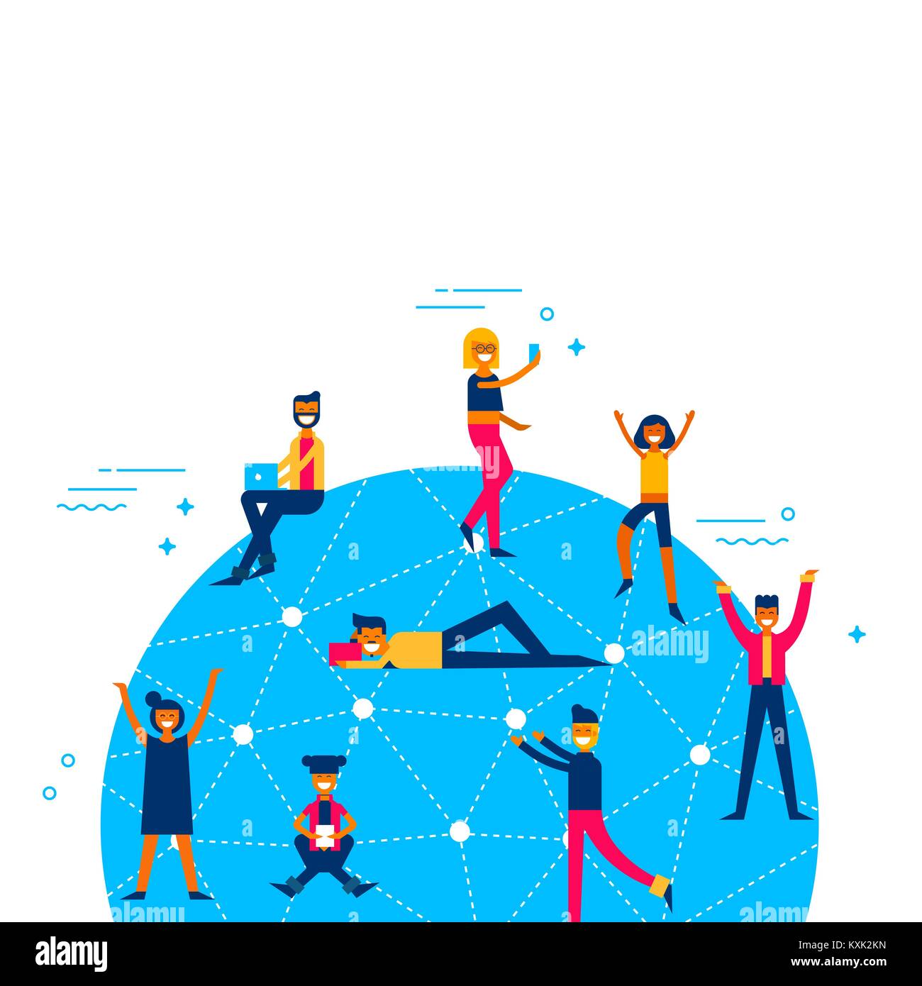 People connected to social media network around the world, worldwide internet access concept illustration in modern flat art style. EPS10 vector. Stock Vector