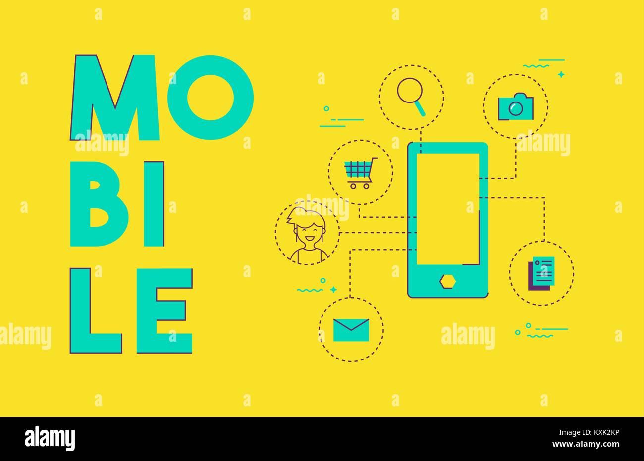 Mobile concept illustration in modern line art style, phone connected to online social