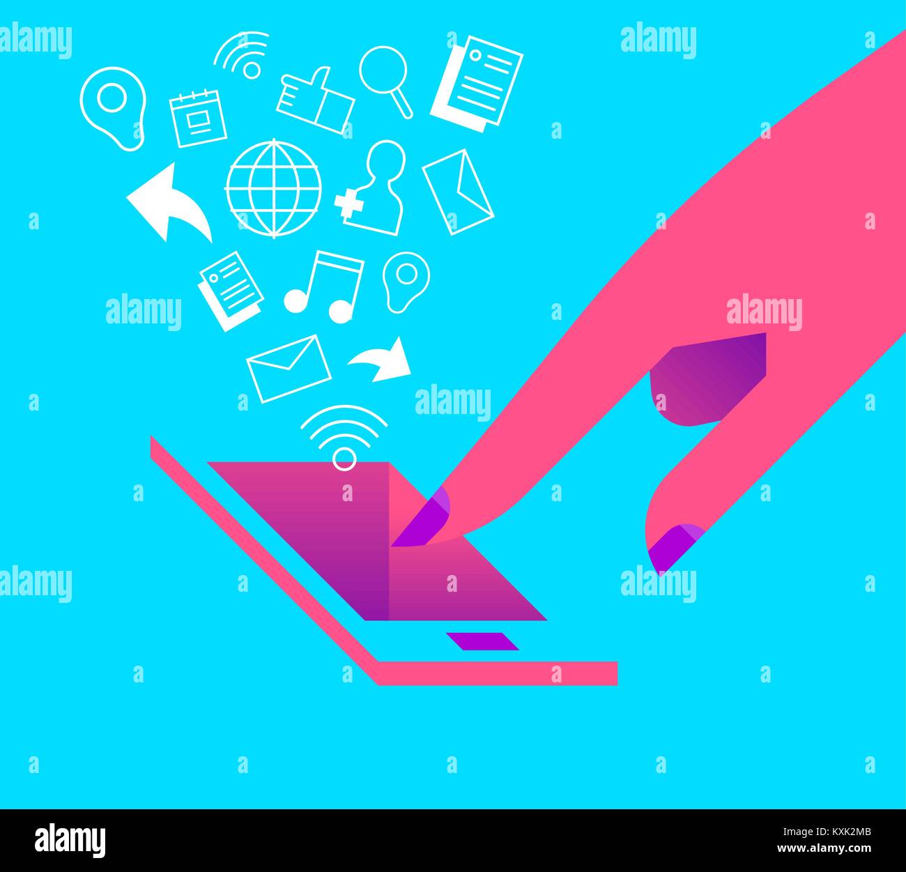 Girl hand using mobile phone device to connect on social media network and online internet activities. Includes music, message, photo, gps icon. EPS10 Stock Vector