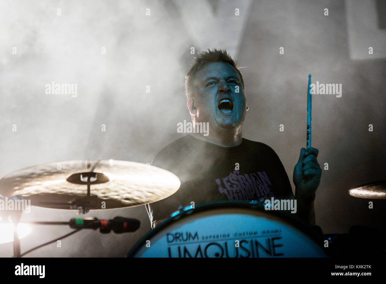 Musician and drummer Mads Hasager pictured live on stage behind his drum kit at a Veto gig at Skanderborg Festival 2013. Denmark 2013. Stock Photo