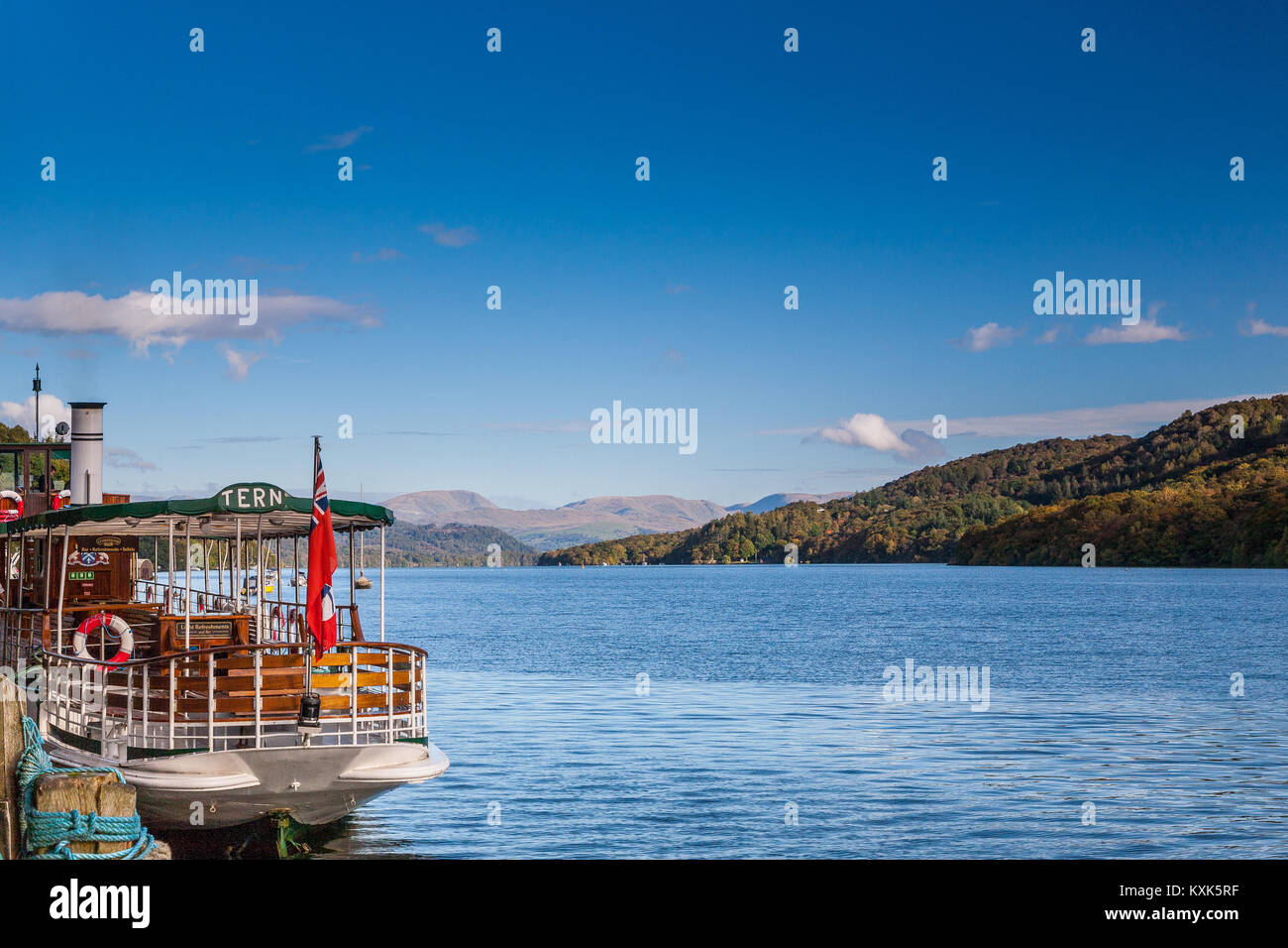 Pleasure boat 'MV Tern' moored at Lakeside, Lake Windermere, Cumbria Stock Photo