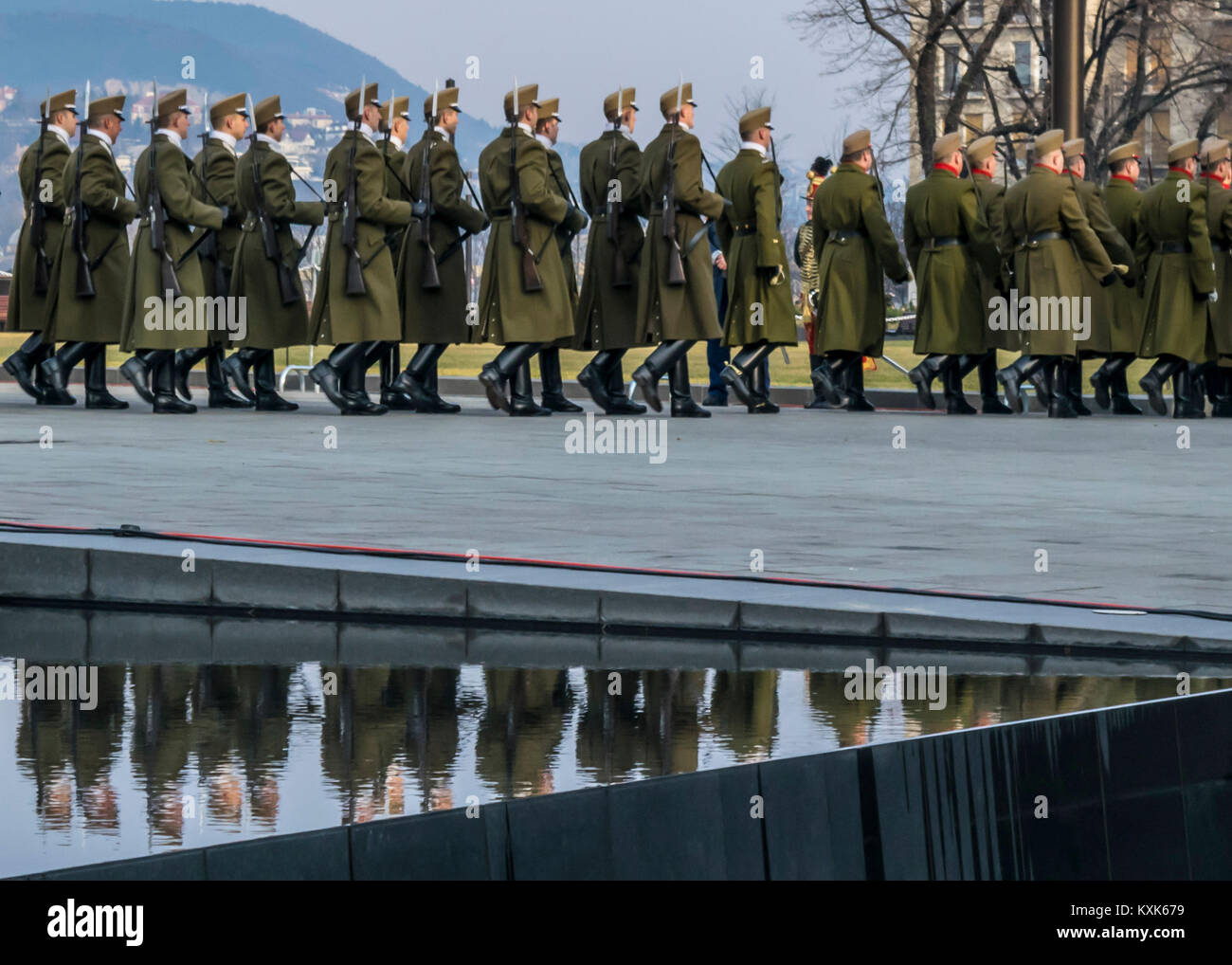 Soldiers march in front of the Parliament House during the 15 March military parade. Military parade on Hungarian National Holiday, Budapest, Hungary. Stock Photo