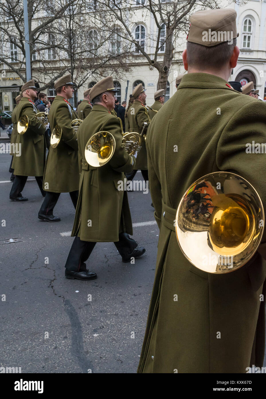 Soldiers march with trumpets during the 15 March parade in Budapest, Hungary. Military orchestra on Hungarian National Holiday. Stock Photo