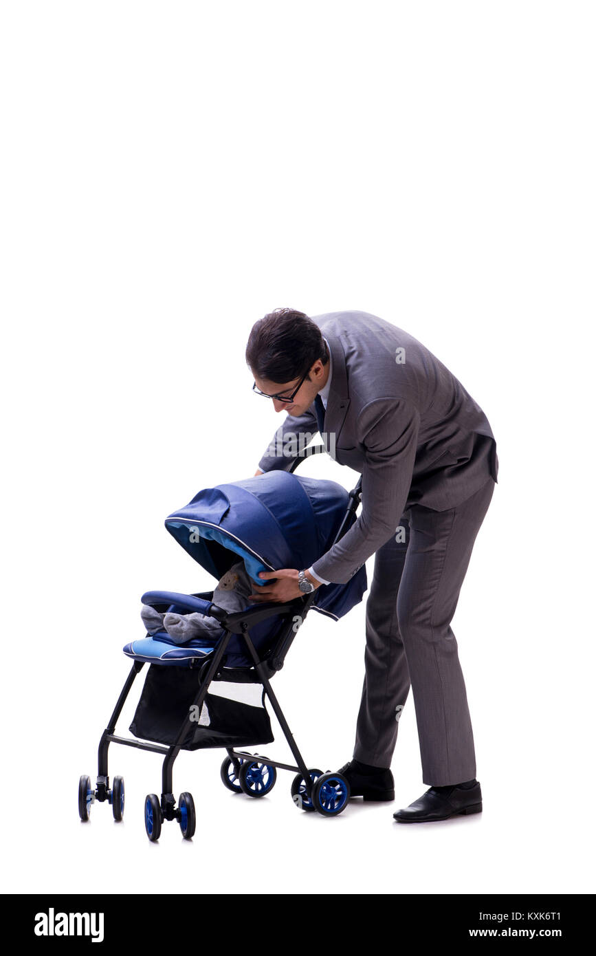 Young dad businessman with baby pram isolated on white Stock Photo