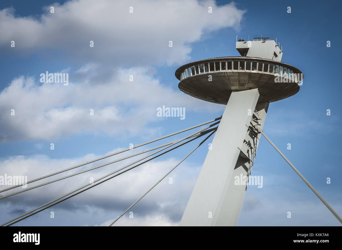 view to the moderne bridge with observation deck called Ufo in Bratislava in Slovakia Stock Photo
