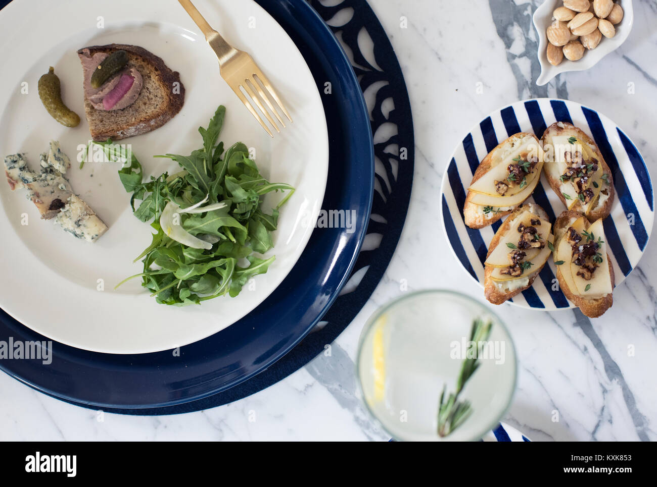 Overhead view of appetizers in plate on table Stock Photo