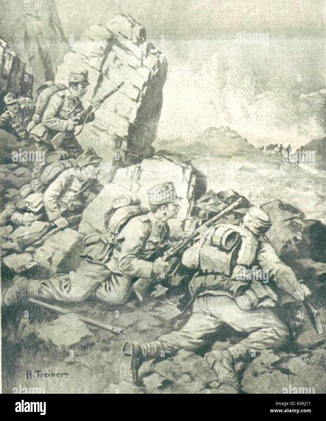 Depiction of an Austrian guard attacking an enemy column in the Tyrolean Alps, representing military actions, uniforms, and regional defense during historical conflicts. Stock Photo