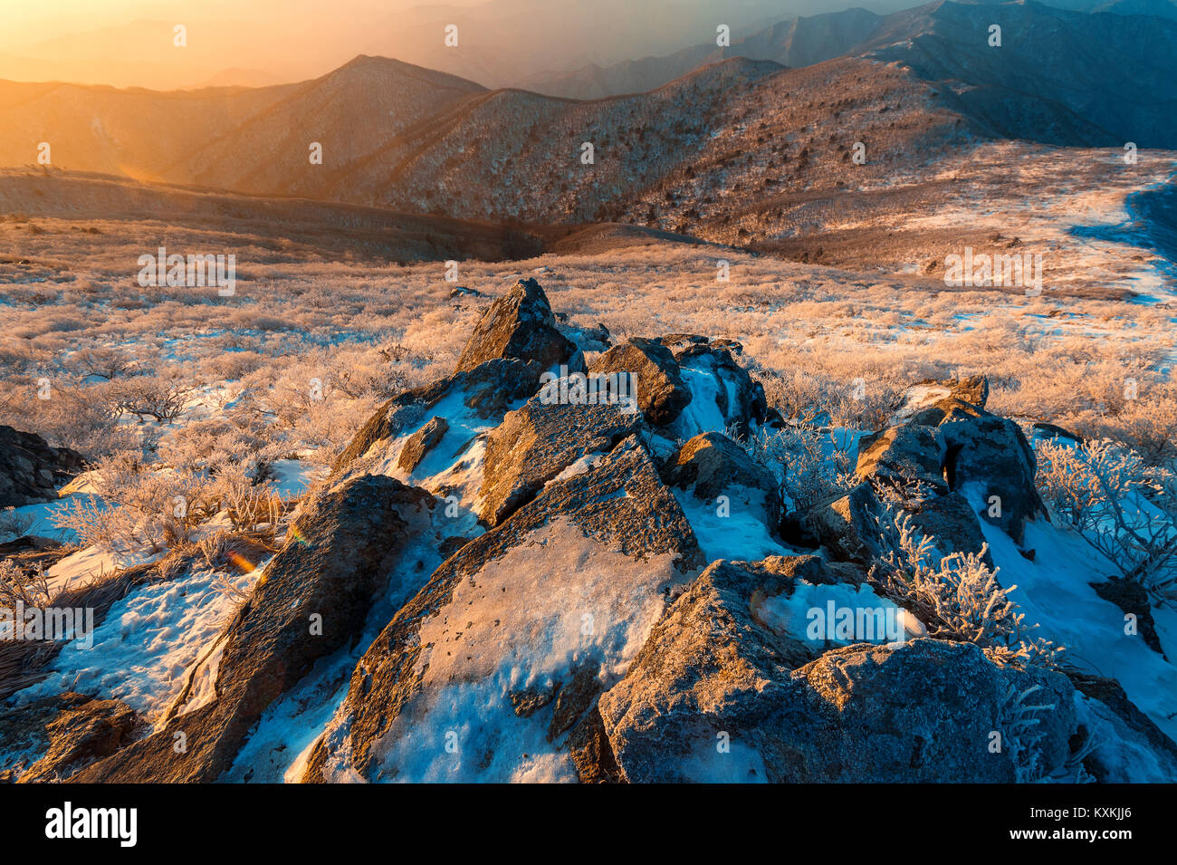 Sunrise on Deogyusan mountains covered with snow in winter,South Korea ...