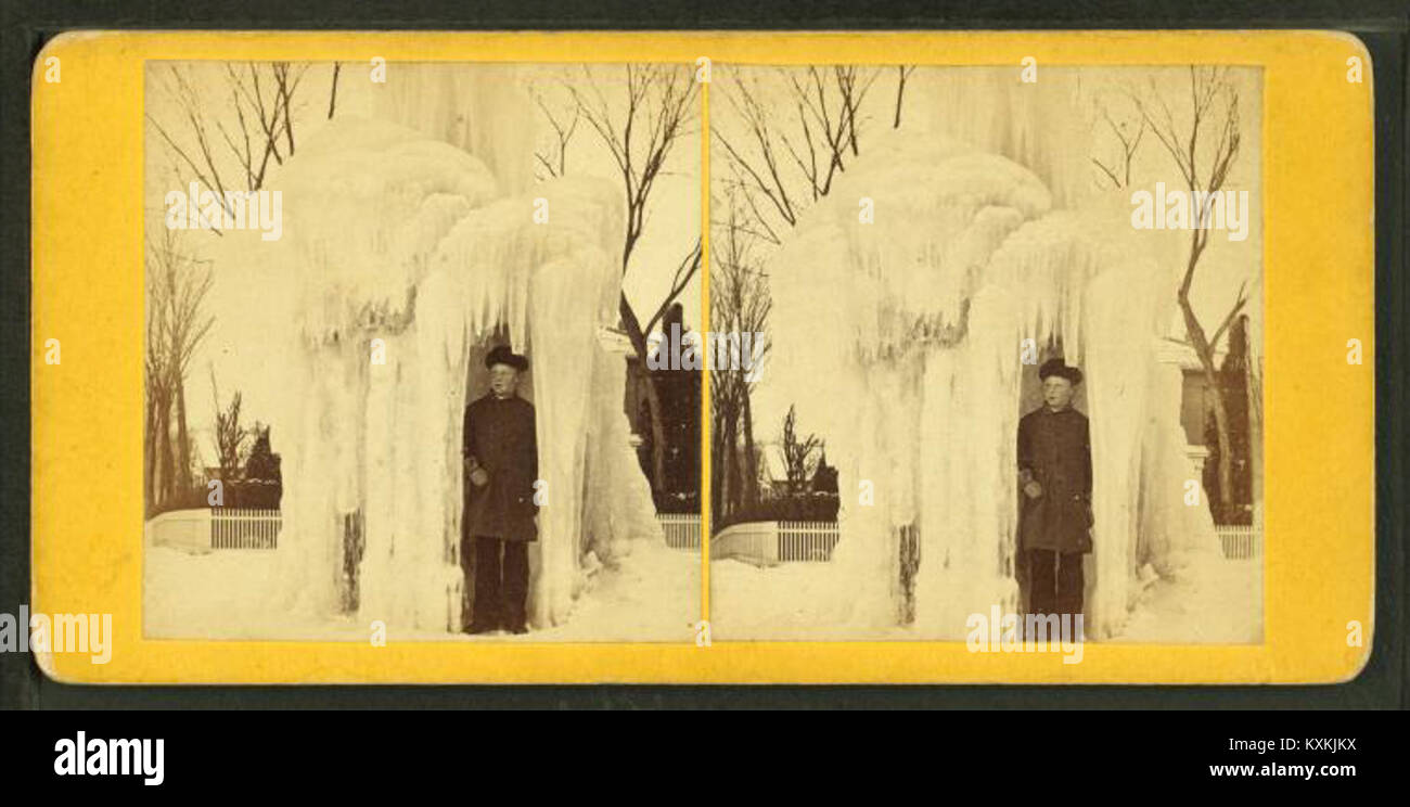 A boy standing inside a frozen fountain, Chicopee Falls, from Robert N. Dennis collection of stereoscopic views Stock Photo