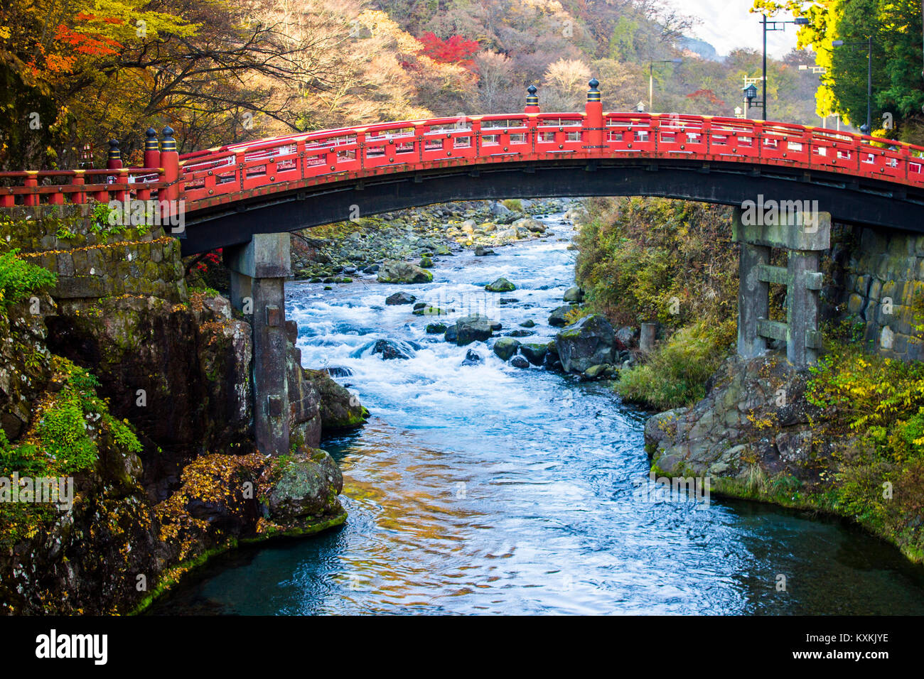 The Shinkyo Bridge or Sacred Bridge, one of the most famous landmarks in Nikko, Japan, part of Futarasan jinja Shinto shrine and a World Heritage Site Stock Photo